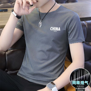 Ice Silk Quick Dry Mens T-Shirt Summer Short Sleeve Mesh Sport Half Sleeve Large Size Running Top round Neck Geometric Pattern