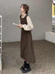 French Vintage Soft Brown Dress Womens New Autumn round Neck Tea Break Long Dress Splice A-Line Skirt Polyester Fiber Long Sleeve