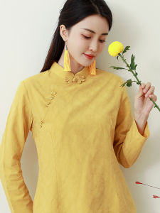 Womens Cotton Linen Shirt Long Sleeve Stand Collar Button up Traditional Chinese Style Top Breathable Comfortable Autumn Fashion