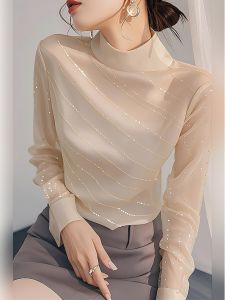 Elegant French Style Long Sleeve Chiffon Shirt Beautiful Beige Fashionable Womens Spring Autumn Top High Waist Loose Fit