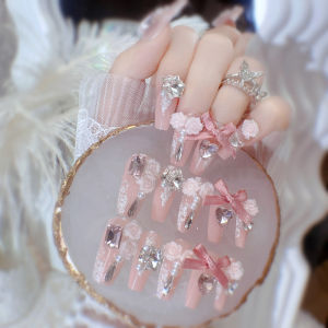 【With Glue】Mid-length Fake Nail Pink Sweet Decor Artificial Nail for Women and Girl Party Activity