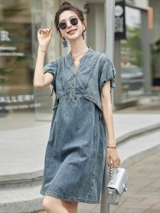 Loose V-Neck Short Sleeve Denim Dress Women Summer Small Size Fashion Design Hand Sleeve Drawstring Mid-Length Skirt