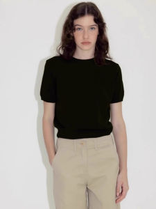 SHUQINGLAI | Retro Black Short Sleeve T-shirt & Knit Top for Women with Slimming Waist