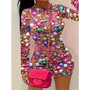 Printed Bodycon Dress Long Sleeve Bubble Print Slim Fit Womens Dress Polyester Fabric mid Waist Short Pants Style