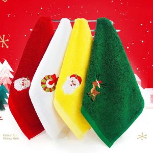Khăn Giáng Sinh Bằng Cotton Nguyên Chất Thêu Hình Ông Già Noel & Tuần Lộc Khăn Tay Sợi Microfiber Thấm Hút Dùng Trang Trí Giáng Sinh Navidad Năm Mới