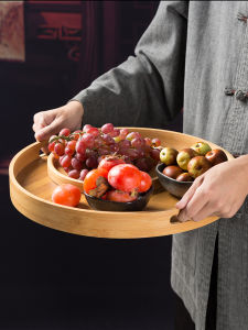 round Solid Wood Bamboo Tray Double Handle Bread Serving Tray Tea Water Dish Fruit Plate Japanese Style Restaurant Dinnerware