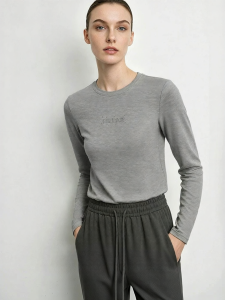 AMII | Round Neck Letter Embroidery Sequin Beads Stretch Modal T Shirt Long Sleeve