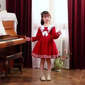 2021 Autumn and Winter Girls Sailor Collar Design Fleece-lined Warm Blue Red Preppy Style Pleated Children Dress