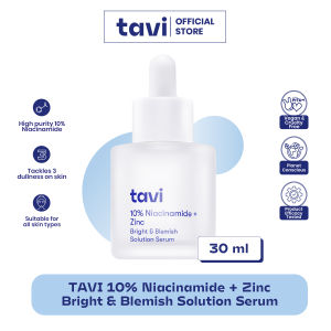 TAVI 10% Niacinamide + Zinc Bright & Blemish Solution Serum 30 ml - Brightening Serum Mencerahkan Kulit Kusam Bekas Jerawat & Pori Pori Kecil | Aman untuk Semua Jenis Kulit & Sensitif