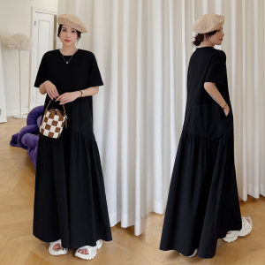 Large Size Korean Style Over Knee Long T-Shirt Dress for Women Loose Fitting A-Line Skirt Casual Summer Knitted Dress