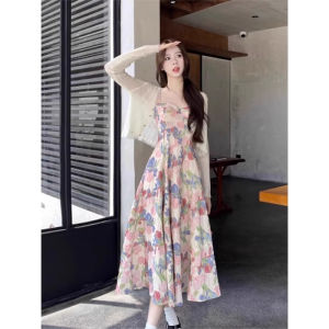 ชุดเดรสยาวสายเดี่ยวพิมพ์ลายดอกไม้สไตล์ฝรั่งเศสสำหรับผู้หญิงในช่วงฤดูร้อน กระโปรงทรงเอเอวสูง แขนกุด เดรสยาวปานกลาง