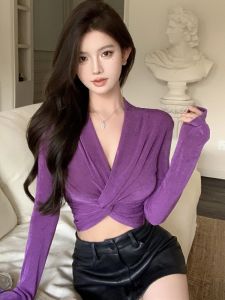 GUZILIAN | Spicy Girl Long Sleeve Slim Fit T-Shirt Womens Inner Wear Cross Knot Design Korean Style Commute V-neck Short Pure Desire Top