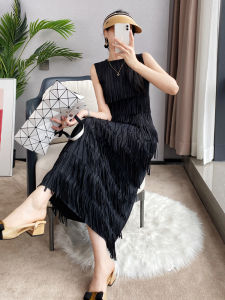 Elegant Summer Thin Sleeveless Pleated Fringed Vest Dress Womens Long Skirt High-End Sensation Airy Comfort round Neckline