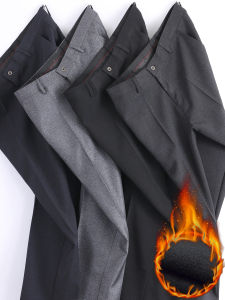 Thickened Fleece Autumn Winter Dad Pants Mens Casual Straight Leg High Waist Zipper Polyester Fiber Basic Color Elderly Suitable