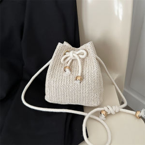 Fashionable Little Meow Dabao Beach Vacation Straw Woven Bag New 2023 Trendy Womens Bucket Bag Casual Style Fabric Material