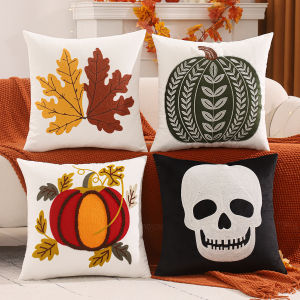 1 PC Halloween Decoration Throw Pillow Cover Pumpkin Leaves Embroidery Velvet Autumn Thanksgiving Harvest Home Living Room