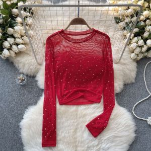 Sleeve Long Sequin Mesh See-Through Innerwear Top