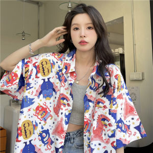 Summer 2025 Cartoon Print Loose Short Sleeve Shirt Beach Style Hong Kong Fashion Inspired Casual Top for Young Women