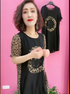 High Quality Shift Dress Women 2024 New Design Korean Style Leopard Short Sleeve T-shirt dress Oversized Middle age mother Dresses