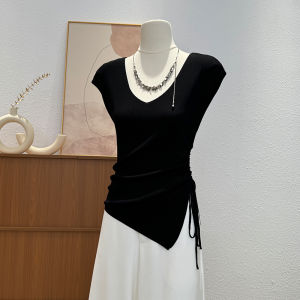 Slim Fit Knitted Vest Women Summer 2025 New Style Drawstring Short Sleeveless V-neck Top Korean Style Commute Pure Color