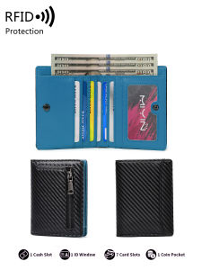 Mens Carbon Fiber Wallet PU Leather RFID Bifold Short Wallet Portable Zipper Coin Pocket Ultra-thin Large Capacity Card Holder