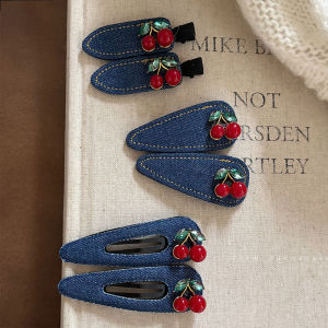 Kẹp Tóc Vải Denim Màu Xanh Lam Đỏ Dâu Tay Nữ Phong Cách Mới Dễ Thương Kẹp Tóc Mái Lệch Kẹp Tóc BB Kẹp Tóc Mỏ Vịt