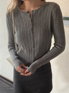 Gray Cable Stitch round Neck Knitting Cardigan Womens Inner Wear Autumn Gentle Slim Fit Slimming Long Sleeves Soft Glutinous Bottoming Shirt Tops