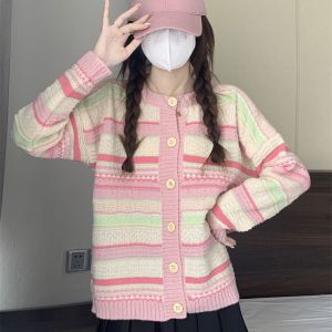 Wanita Atasan Kardigan Rajutan Mantel Longgar Bergaris Pelangi