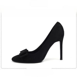 รองเท้าส้นสูงผู้หญิงสีดำแบบผูกโบว์ผีเสื้อ หนังแกะ ไม่ลื่น ทรงหัวแหลม ทรงหัวมน รองเท้าส้นเดี่ยวแบบสวมสบายสำหรับฤดูใบไม้ร่วง