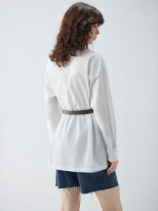 Elle | Commuter Style White Long Sleeve Blouse with Turn-Down Collar