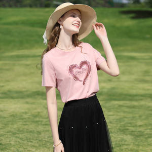 Cool Feeling Cotton Short Sleeve T-Shirt Womens Pink Heart Bead Embroidery Sweet Stylish Summer New Arrival I Believe You