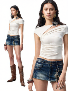 1JINN STUDIO | Knotted Pure Acetate Short Sleeve T-Shirt Slim Fit