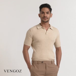VENGOZ Polo Shirt Rajut Pria Premium - Mens Cable Knit Cotton Polo Beige