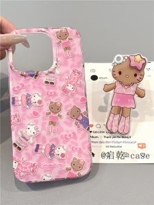 Pink Leopard Print Stand Hello Kitty Phone Case for iPhone 16/15 Dual Layer Hard Shell Compatible with Apple 14/13 pro Max Girls Style