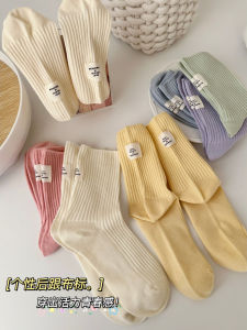 Pure Color Bunching Socks Children Pure Cotton Spring & Fall Heel Cloth Label Tube Socks Ins Tide Cream Japanese and Korean Academic Style Socks