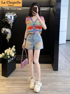 La Chebel Rainbow Stripes V Neck Knitting Tops Matching Denim Shorts Fashionable Stylish Summer Clothes Two-Piece Suit Women