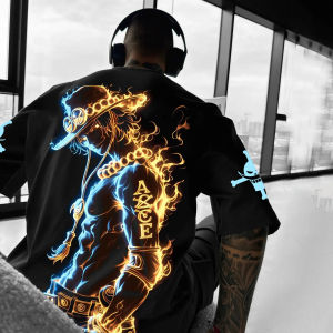 One Piece Luffy Printed Cotton Short-sleeved American Loose Mens and Womens Summer Breathable Sports Round-neck T-shirt