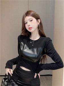 GUZILIAN | Spring Autumn Korean Round Neck Patchwork Leather Asymmetrical Base Layer T-Shirt Womens Slim Fit Long Sleeve Short Length