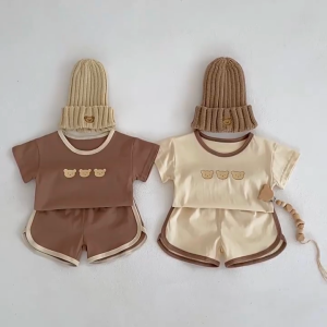 DXSS 【ส่งจากไทย】เด็กน่ารักหมีชุดเสื้อผ้าการ์ตูน O-Neck Waffle แขนสั้น + กางเกงสั้น 0-4 ปี เด็กชาย เด็กหญิง ฤดูร้อน ชุดสบาย