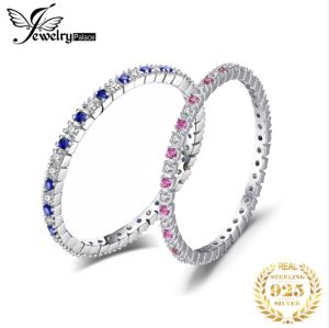 JewelryPalace Created Blue Spinel 925 Sterling Silver Wedding Band Ring for Women Engagement Party Gift Fine Jewelry