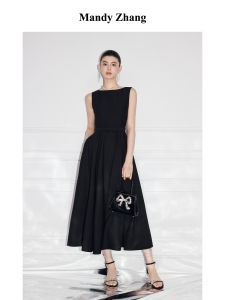 French Hepburn Style Black Sleeveless Bow Waistband Slim Dress
