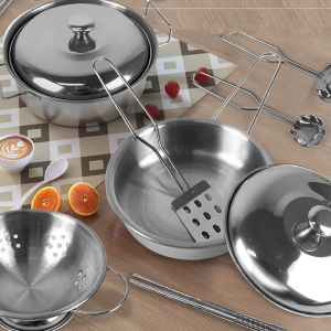 Kitchen Pretend Play Accessories Toys with Stainless Steel Cookware Pots and Pans SetCooking Utensils Gifts Learning Tool