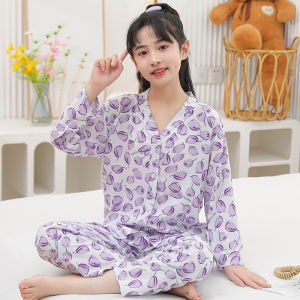 Summer Childrens Sleepwear Thin Long Sleeve Cotton Silk Home Clothes Set for Boys And Girls V-neck Breathable Moisture-wicking