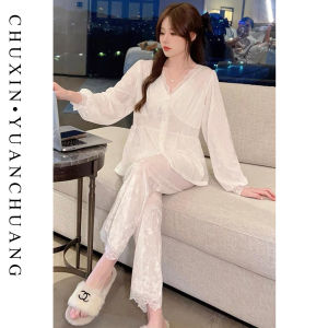 Elegant Snowflake Fleece Sleepwear Set Womens Lace Trim Home Clothes Outwear Long Sleeve V-Neck Button-Up Anti-Static Polyester Fiber