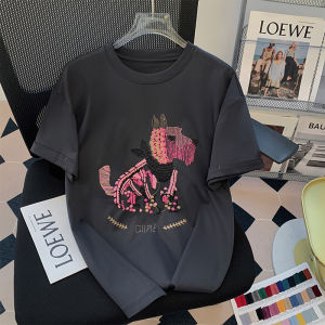 Summer Grey Dog Print Short Sleeve T-Shirt Womens Loose Casual round Neck Top Durable Fashionable Versatile Loose Fit round Neck T-Shirt