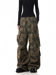 American Casual Retro Pleated Multi-Pocket Camouflage Work Pants Loose Drawstring Straight Leg Floor-Length Trousers