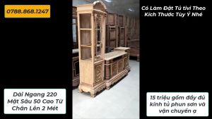 Tủ Lệch kê tivi gỗ gụ dài 220 sâu 50 kệ bày đồ cao 2 mét