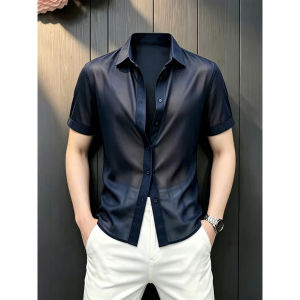 CHENMU | Cool and Breathable Navy Tencel Linen Mens Short Sleeve Shirt
