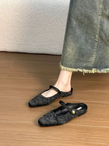 New Chinese Style Half Slippers Womens Flat Bottom Mules Soft Fairy Wind Head Covered Sheepskin Version Lazy One Step on Shoes