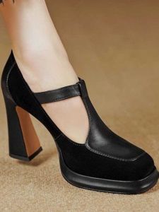 Giày Cao Gót Đế Xuồng Màu Nâu Mary Janes Cho Nữ Mùa Xuân Hè 2024 Giày Đơn Mũi Vuông Đế Cao Su Chống Thấm Nước